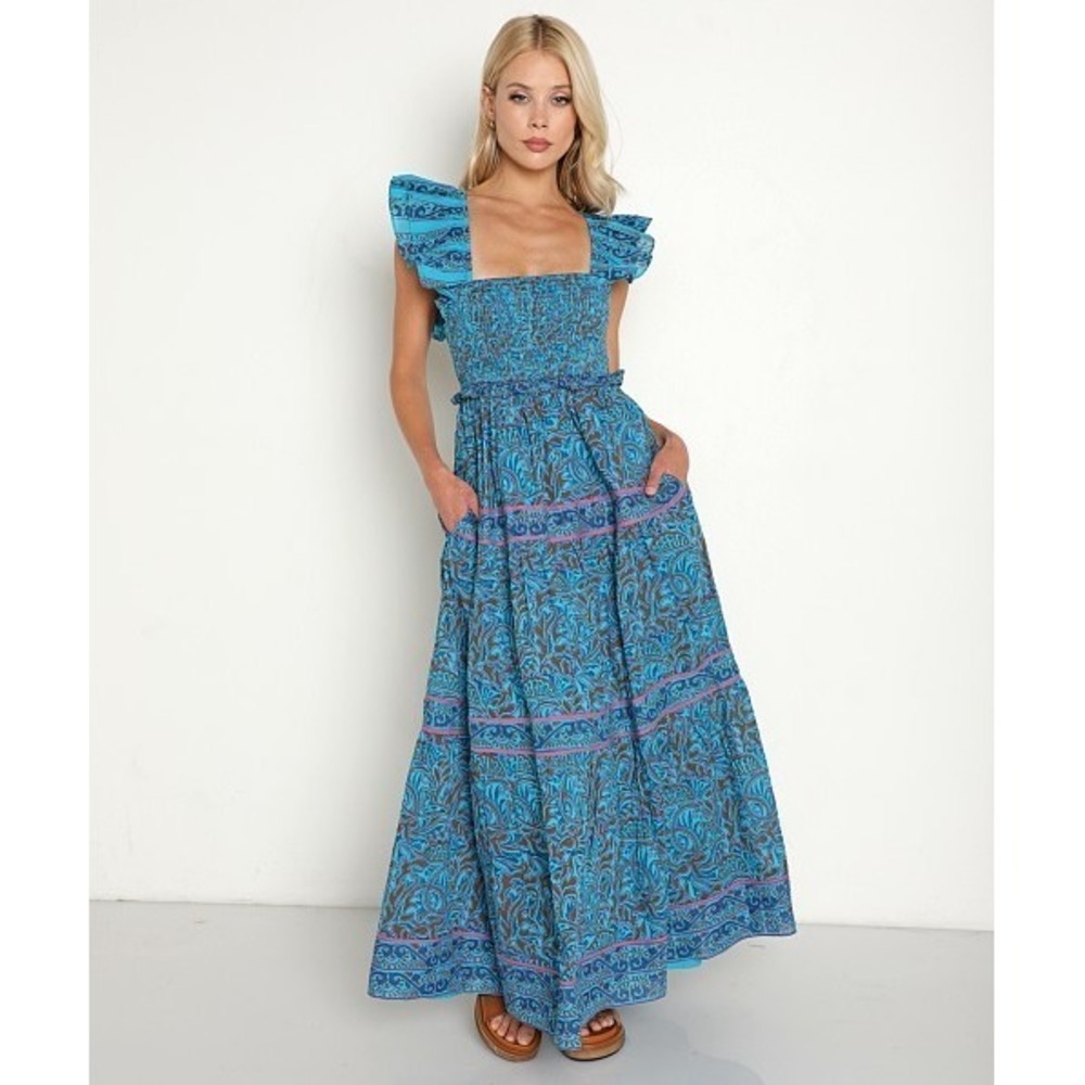 Cleobella Marilyn Maxi Dress S Blue Zuri Block Tiered Boho Romantic Cottagecore